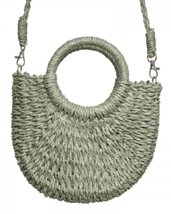 Geanta mica impletita crossbody, circulara cu manere rotunde, verde prafuit