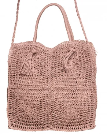 Geanta crossbody patrata mare, impletita cu noduri decorative, roz prafuit
