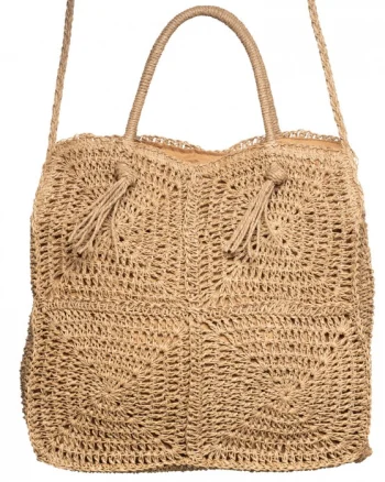 Geanta crossbody patrata mare, impletita cu noduri decorative, bej inchis