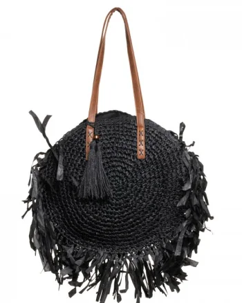 Geanta shopper circulara mare impletita, cu franjuri mari decorativi, neagra