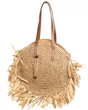 Geanta shopper circulara mare impletita, cu franjuri mari decorativi, bej inchis