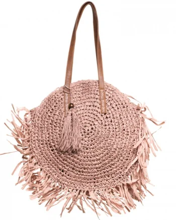 Geanta shopper circulara mare impletita, cu franjuri mari decorativi, roz prafuit