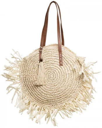 Geanta shopper circulara mare impletita, cu franjuri mari decorativi, bej deschis