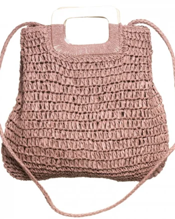 Geanta impletita crossbody, cu manere late din lemn, roz prafuit
