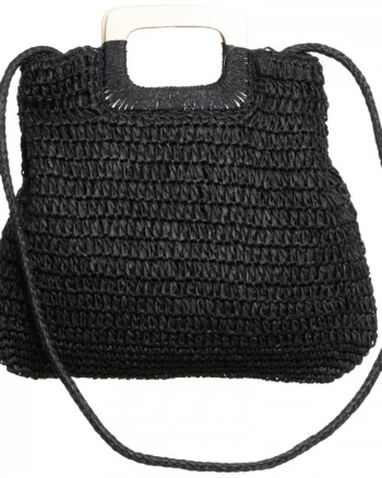 Geanta impletita crossbody, cu manere late din lemn, neagra