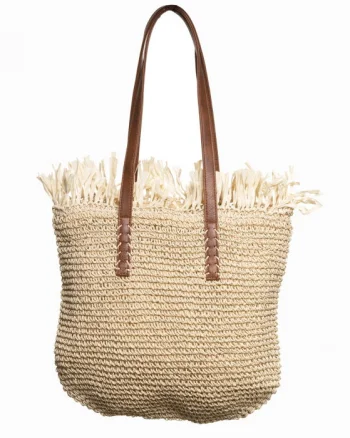 Geanta shopper impletita cu manere din piele ecologica si franjuri decorativi in partea de sus, bej deschis