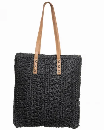 Geanta shopper impletita cu manere din piele ecologica, negru