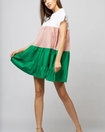Rochie din poplin de bumbac cu trei volane colorate verde - roz - alb