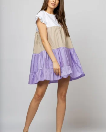 Rochie din poplin de bumbac cu trei volane colorate lila - bej - alb