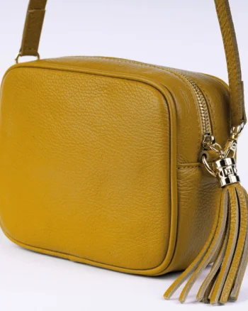 Geanta crossbody galben mustar din piele naturala, cu ciucure din piele