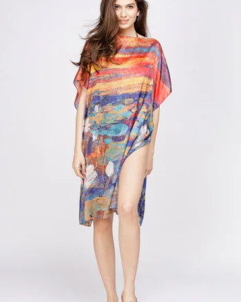 Rochie de plaja tip poncho din matase cu reproducere dupa o pictura celebra