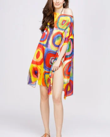 Rochie de plaja tip poncho din matase cu reproducere dupa pictura moderna a lui Kandinsky