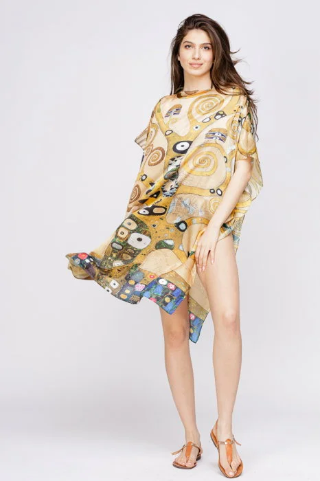 Rochie de plaja tip poncho din matase cu reproducere dupa    Pomul Vietii    - Gustav Klimt