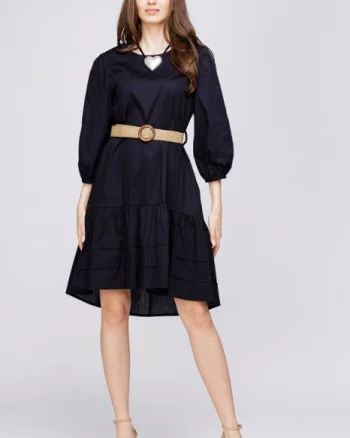 Rochie cu volan din poplin de bumbac cu curea elastica, neagra
