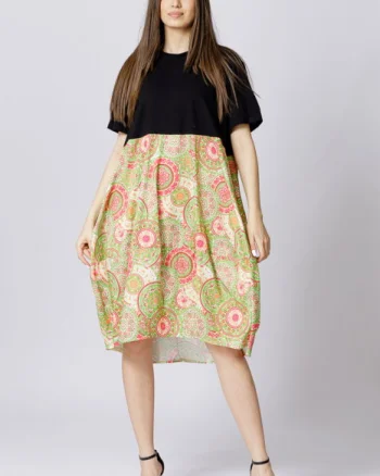 Rochie lalea cu bust negru si imprimeu mandale verde deschis