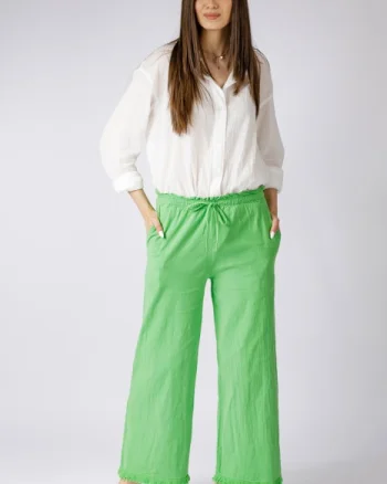 Pantaloni de vara din in si bumbac cu franjuri mici, verde deschis