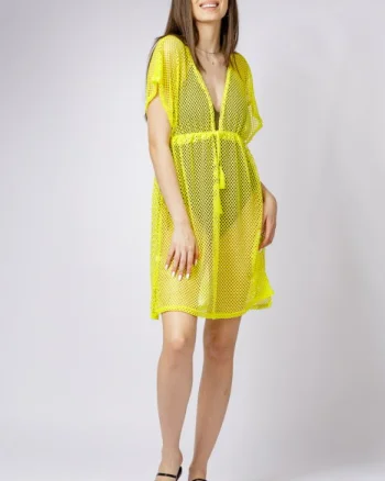 Rochie galben neon de plaja din plasa, cu snur si despicaturi laterale