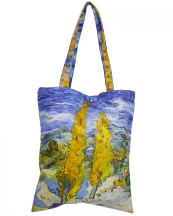 Geanta shopper din material textil satinat, cu imprimeu inspirat dintr-o pictura cu chiparosi a lui Van Gogh