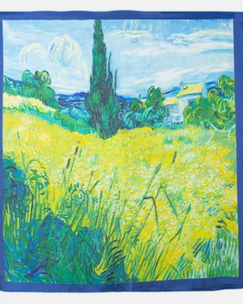 Esarfa patrata cu o singura fata imprimata cu o reproducere dupa    Camp de grau si chiparosi   de Van Gogh
