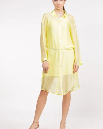Rochie camasa din matase si vascoza galben pai, cu dublura