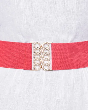 Curea rosie de 6 cm, din material elastic cu catarama metalica aurie in forma de opturi