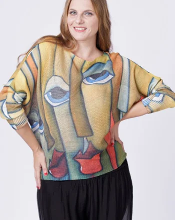 Bluza tricotaj subtire cu imprimeu stil Picasso pe fond galben