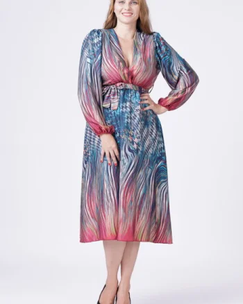 Rochie eleganta cu bust petrecut si imprimeu predominant turcoaz