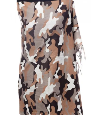 Esarfa casmir unisex cu imprimeu army pe fond camel