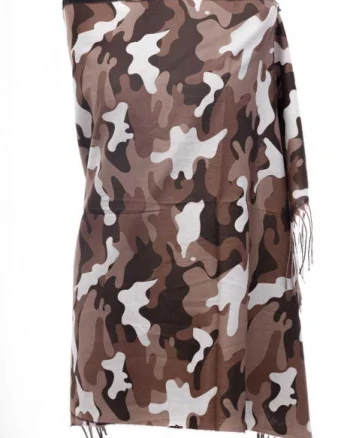 Esarfa casmir unisex cu imprimeu army pe fond maron