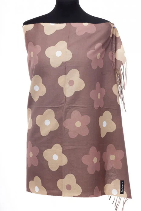 Esarfa casmir cu flori bej pe fond camel