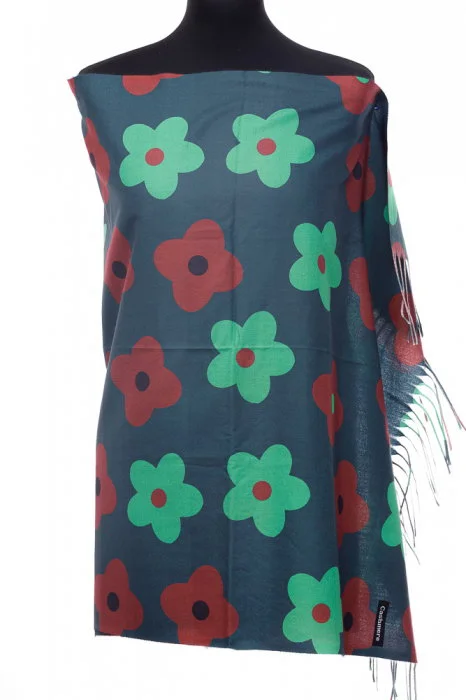 Esarfa casmir cu flori verzi si caramizii pe fond verde inchis