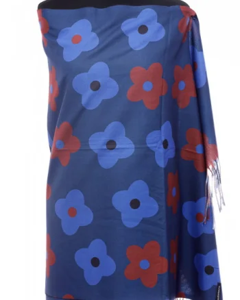 Esarfa casmir cu flori bordo si albstre pe fond bleumarin