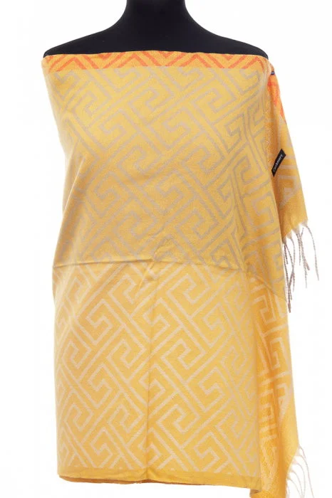 Esarfa casmir unisex cu imprimeu geometric pe fond galben