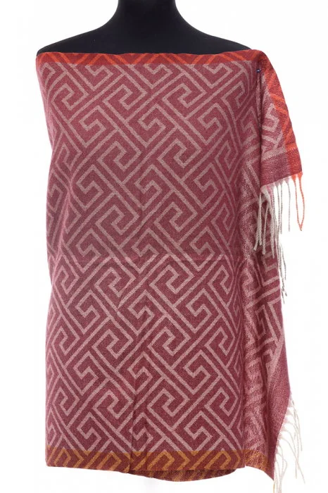 Esarfa casmir unisex cu imprimeu geometric pe fond bordo
