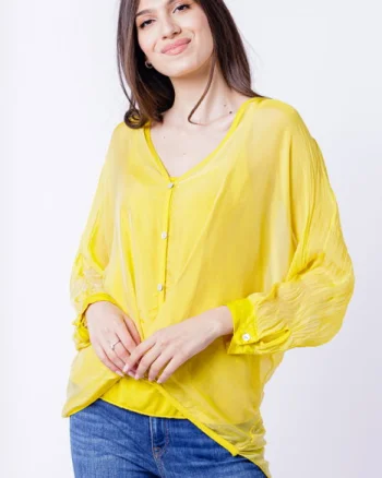 Bluza tip camasa, cu fald, din matase si vascoza galbena, cu dublura