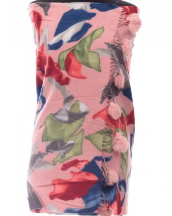 Esarfa din casmir cu ciucuri din blanita naturala, multicolor pe fond roz