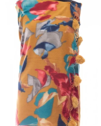 Esarfa din casmir cu ciucuri din blanita naturala, multicolor pe fond mustar