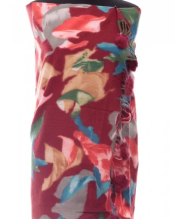 Esarfa din casmir cu ciucuri din blanita naturala, multicolor pe fond bordo