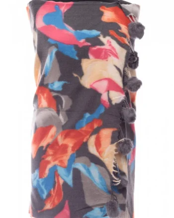 Esarfa din casmir cu ciucuri din blanita naturala, multicolor pe fond gri