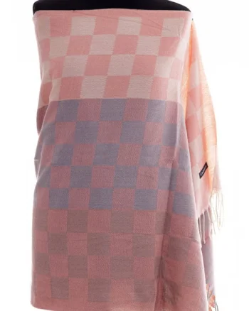Esarfa casmir unisex cu imprimeu tabla de sah pe fond roz prafuit