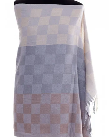 Esarfa casmir unisex cu imprimeu tabla de sah pe fond gri deschis