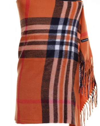 Esarfa casmir unisex cu carouri pe fond portocaliu
