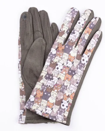 Manusi dama imprimeu pisici cu ochi mari pe fond kaki, material catifelat
