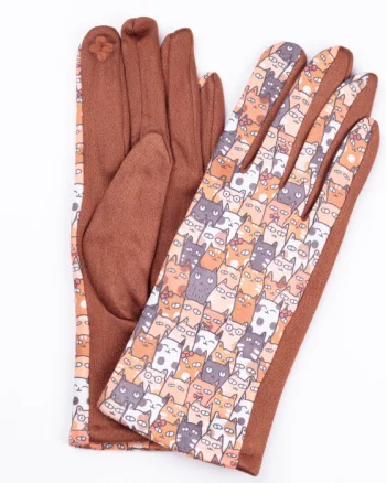 Manusi dama imprimeu pisici cu ochi mari pe fond camel, material catifelat