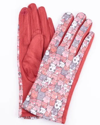 Manusi dama imprimeu pisici cu ochi mari pe fond caramiziu, material catifelat
