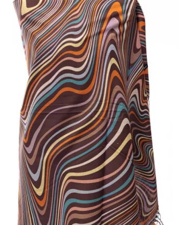 Esarfa din casmir cu linii curbe multicolore pe fond maro