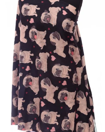 Esarfa casmir cu imprimeu catei pug pe fond negru