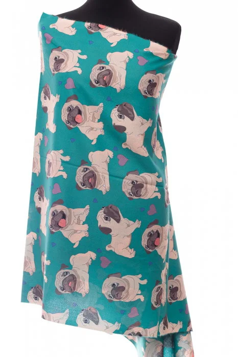 Esarfa casmir cu imprimeu catei pug pe fond verde