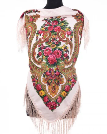 Esarfa gipsy patrata mare, tip Pavlovo Posad cu imprimeu floral traditional pe fond ivory