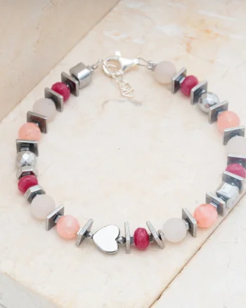 Bratara argint cu cuart roz mat, agate si hematit